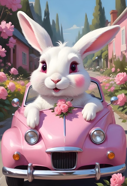 a rabbit is riding in a pink car with flowers on its head