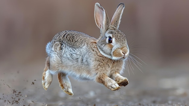 Photo a rabbit is running in the air with its eyes open