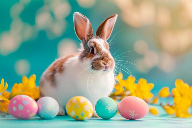 Photo a rabbit is sitting next to a bunch of easter eggs