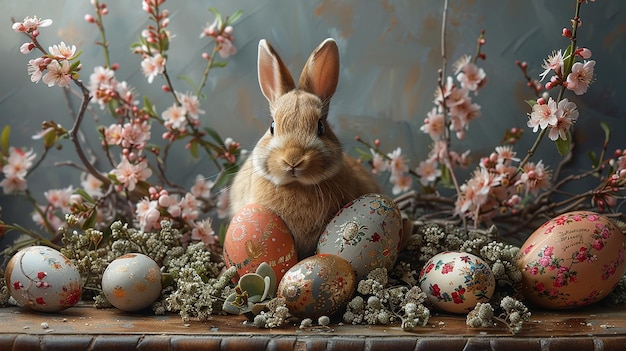 a rabbit is sitting next to a bunny rabbit that is sitting in front of a basket of easter eggs