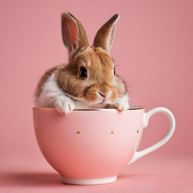 a rabbit is sitting in a cup with a pink background