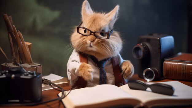 A rabbit is sitting at a desk with a book and a camera.