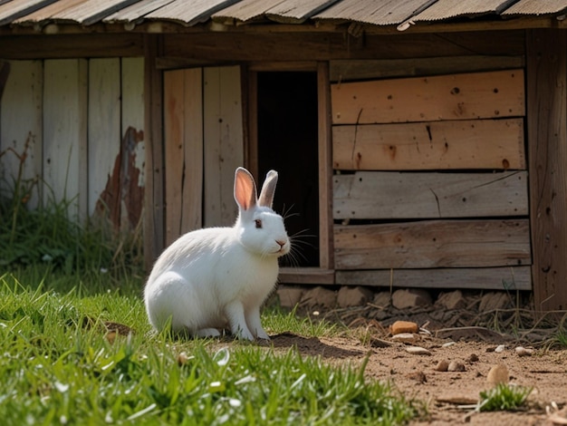 a rabbit is sitting in the grass next to a building