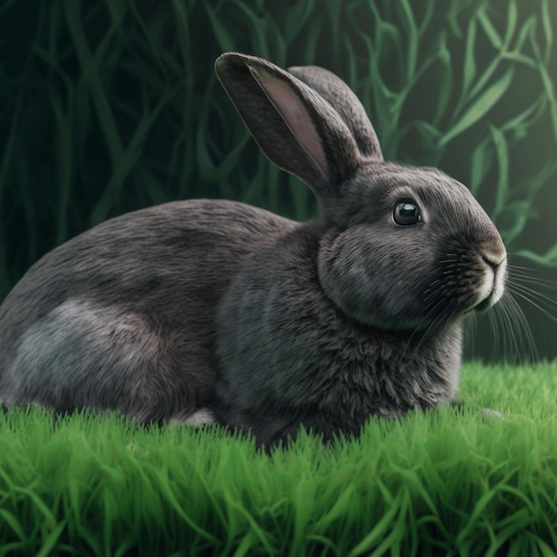 A rabbit is sitting in the grass and the grass is green.