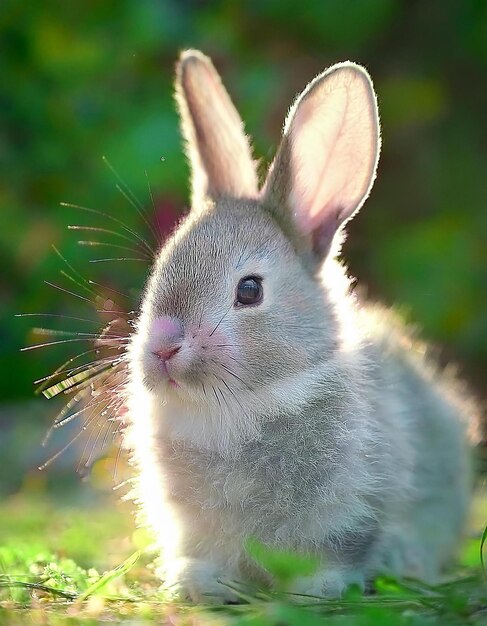 a rabbit is sitting in the grass and looking at the camera