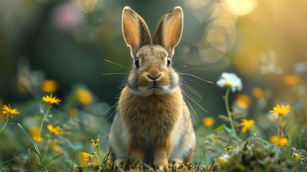 a rabbit is sitting in the grass with flowers in the background