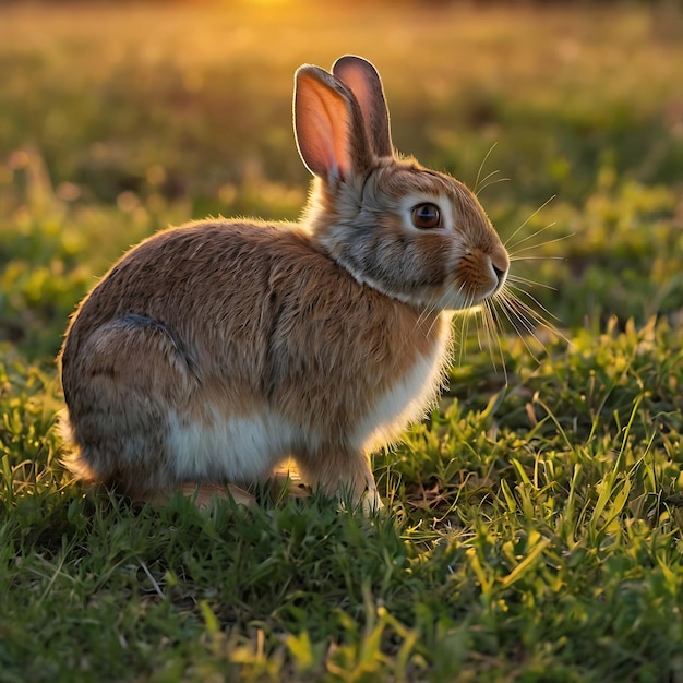 a rabbit is sitting in the grass with the sun behind him