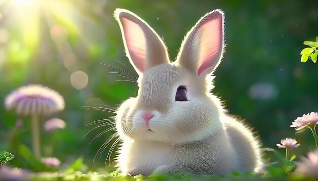 a rabbit is sitting in the grass with the sun shining behind him