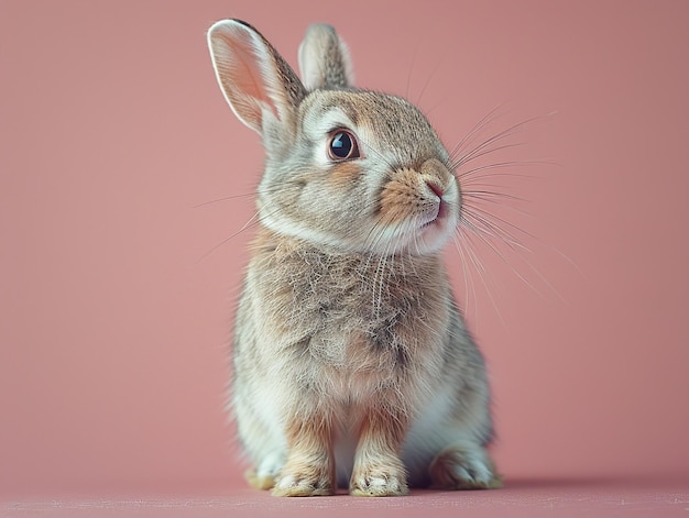 a rabbit is sitting on a pink surface with the eyes wide open