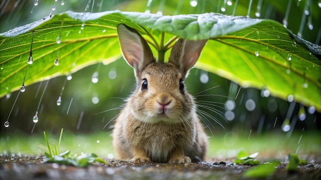 a rabbit is sitting in the rain under a leaf