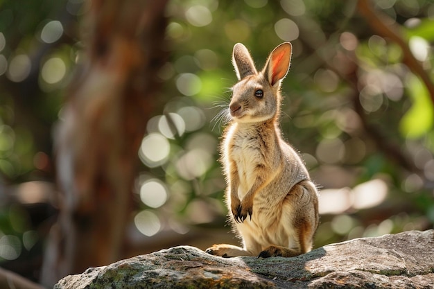 Photo a rabbit is sitting on a rock in front of a tree