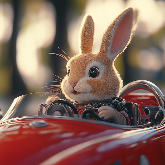 Photo a rabbit is sitting in a toy car with a toy car in the back