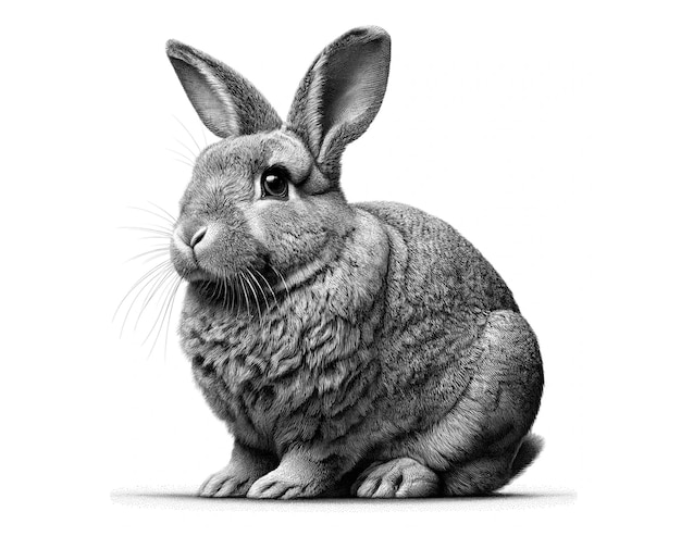 a rabbit is sitting on a white background with a black and white drawing