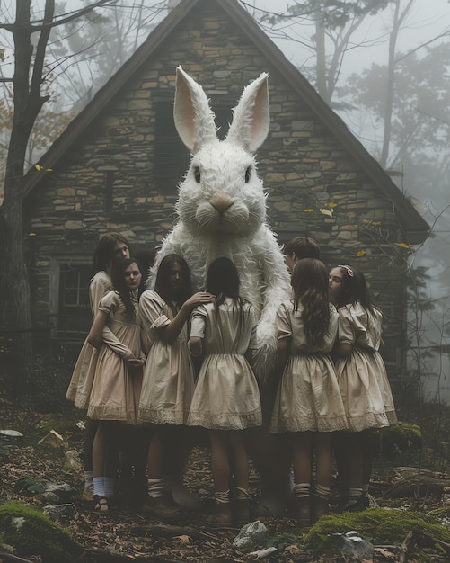 a rabbit is standing in front of a house with a rabbit on it