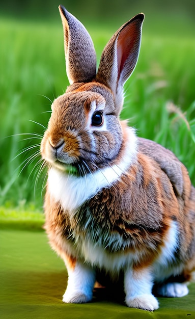 A rabbit is standing in a pond with its eyes closed.