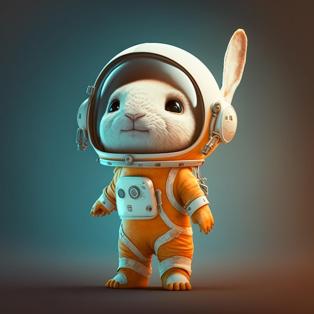 A rabbit is wearing an orange astronaut suit and has the number 6 on it.