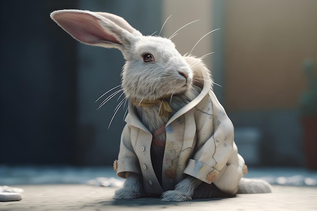 A rabbit in a jacket sits on a concrete surface.