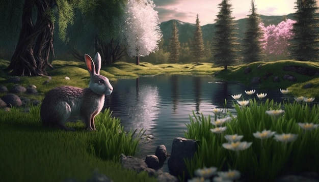 Rabbit in a lake in a forest