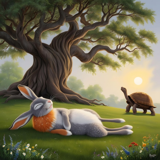 a rabbit laying in the grass with a turtle under the tree