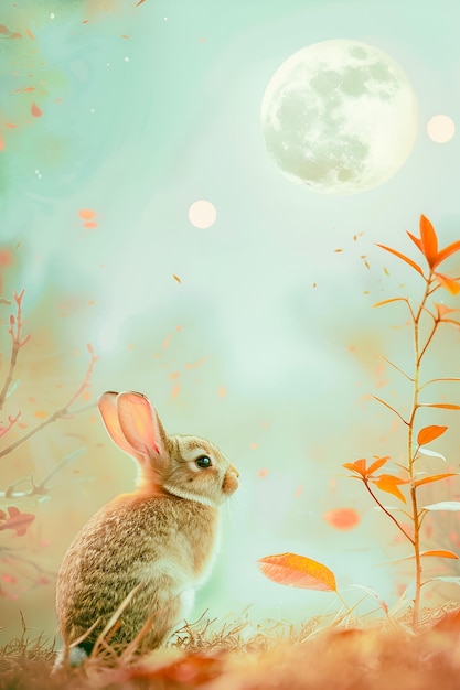 Rabbit looking at the moon mid autumn festival