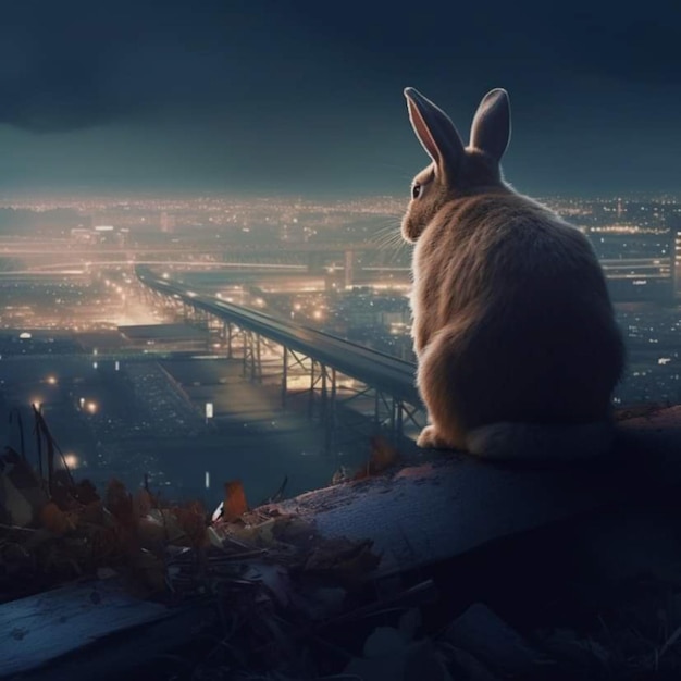 A rabbit looks out over a city at night.