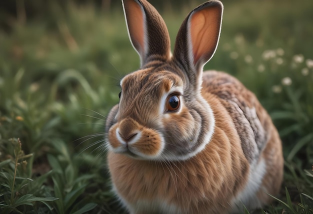 rabbit lying on grass background out of focus