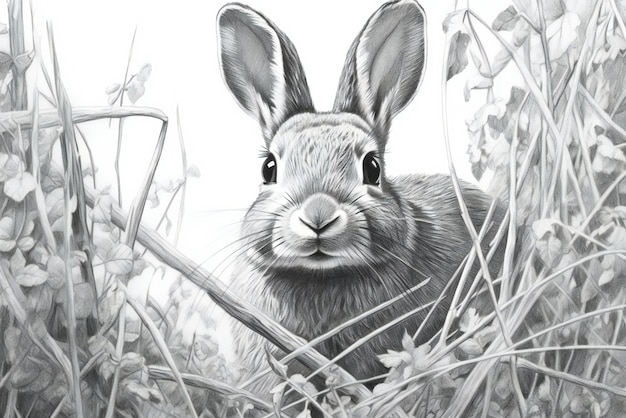 Rabbit in the meadow Handdrawn illustration on a white background