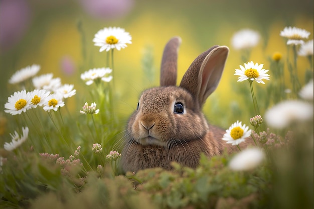 A rabbit on a meadow of wildflowers