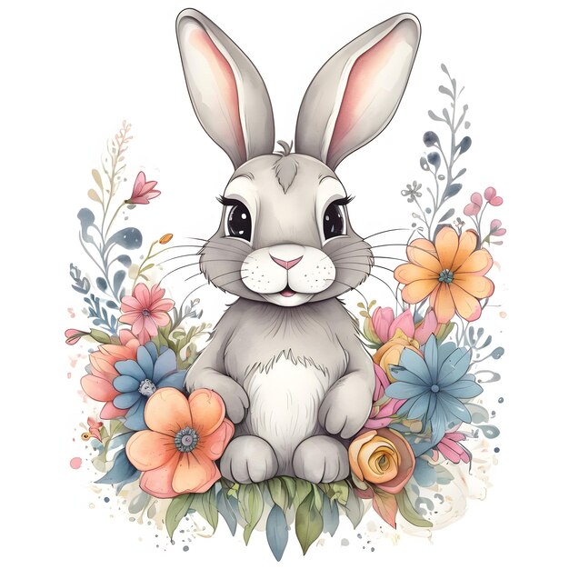 A rabbit in the middle of spring flowers wreath isolated