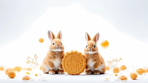 Rabbit and mooncakes on a white background