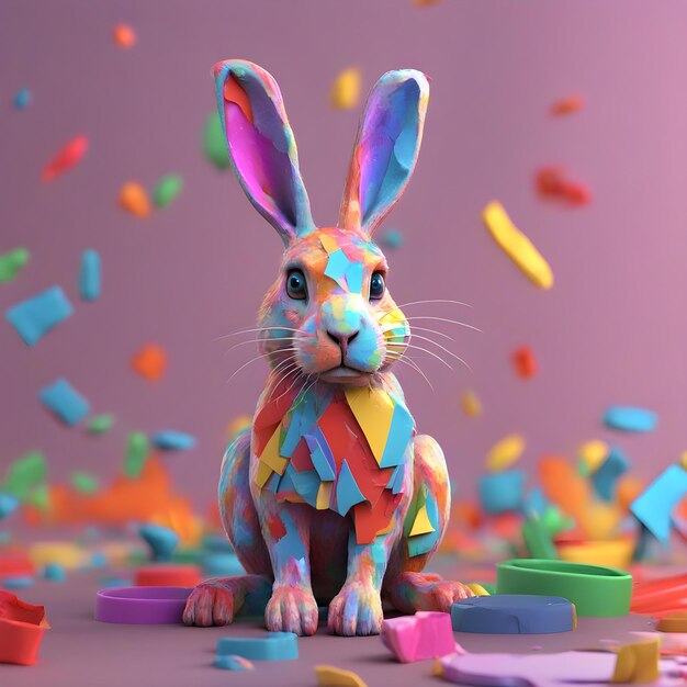 Rabbit in multi colored pieces of paint 3D render 3D Illustration