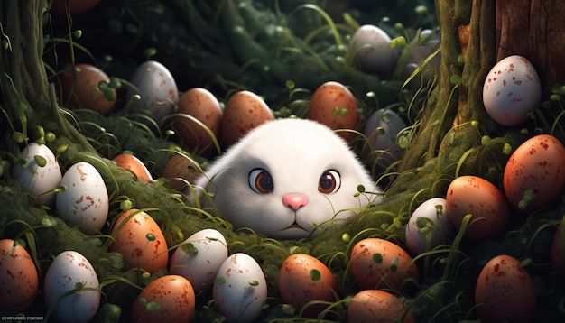 A rabbit in a nest of eggs