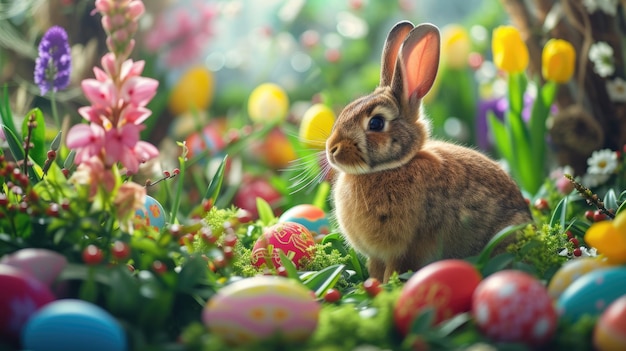 Rabbit nestled among easter eggs in the grassy natural environment aige