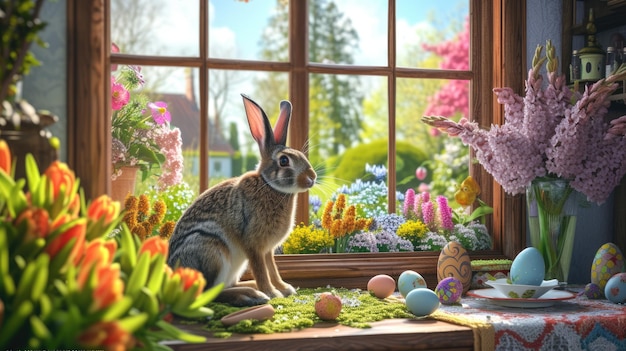 A rabbit painting in a natural landscape with a window and plant aige