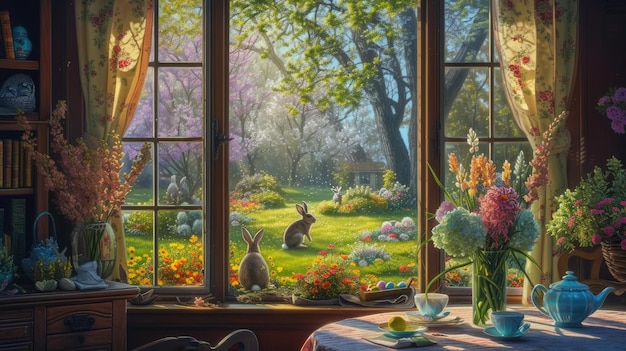 A rabbit painting in a natural landscape with a window and plant aige