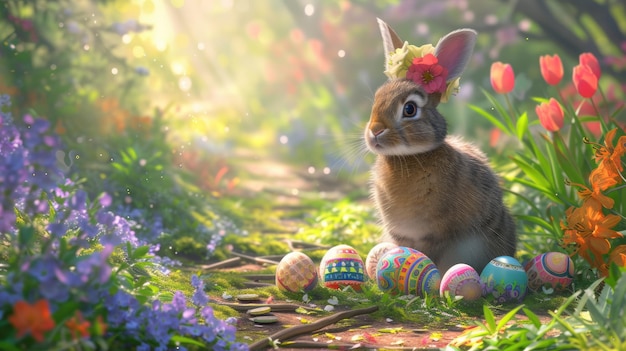 A rabbit perched on a heap of easter eggs amidst a garden aige