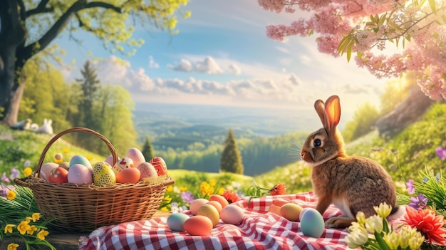 Rabbit on picnic table with eggs against sky and natural surroundings aige