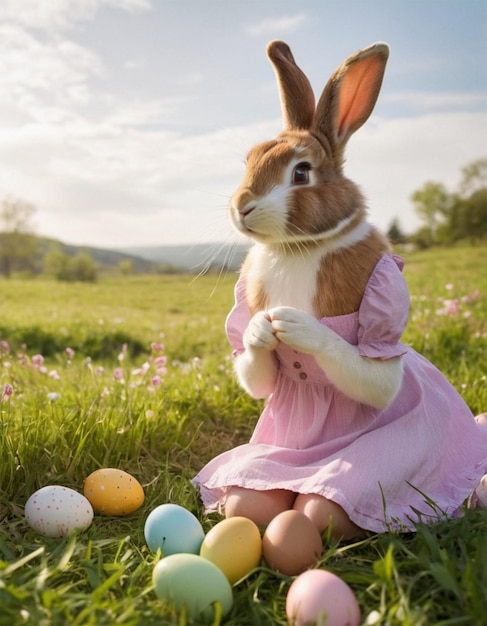 a rabbit in a pink dress is eating easter eggs