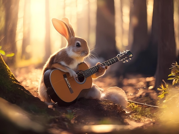 rabbit playing a guitar in the forest