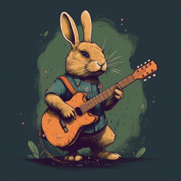 A rabbit playing a guitar is wearing a shirt that says'the bunny '