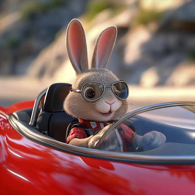 Photo a rabbit in a red car with goggles on