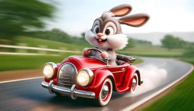 a rabbit in a red car