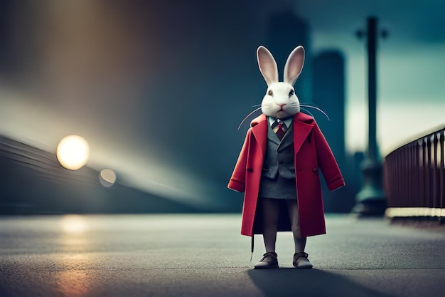 a rabbit in a red coat stands on a platform in front of a city lights.