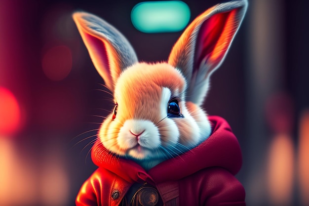 A rabbit in a red jacket with the word rabbit on it.