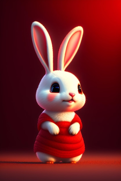 A rabbit in a red sweater with the word rabbit on it.