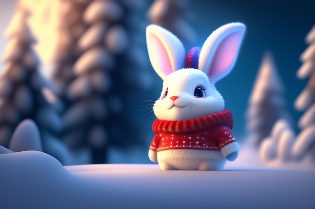 A rabbit in a red sweater with the word snow on it