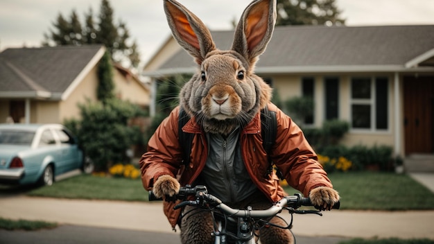 A rabbit riding a bicycle through a suburban neighborhood