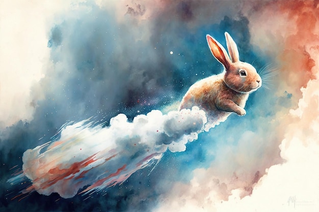 Rabbit Riding a Space Rocket Painting Created with Generative Ai