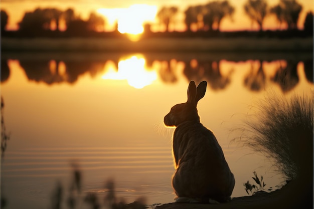 rabbit in the river at sunset