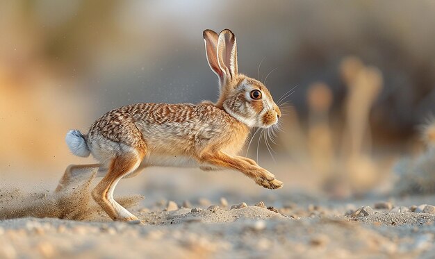 Photo a rabbit running in the dirt with its ears up